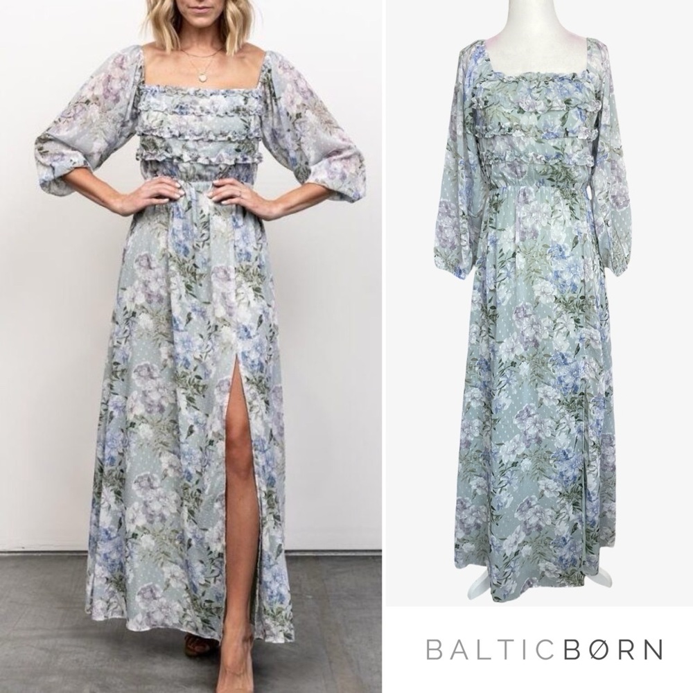 Baltic Born Pastel Floral Ruffle Maxi Dress in Light Blue and Green